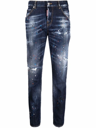 Shop Dsquared2 Blue Paint-splatter Straight-leg Jeans