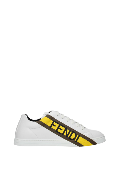 Shop Fendi Sneakers Leather Yellow In White