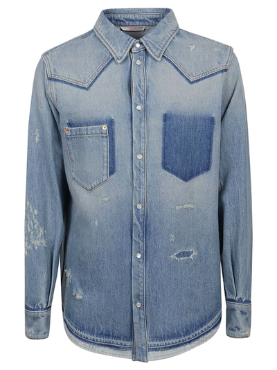 Shop Valentino Distressed Bleached Effect Denim Shirt In Blue