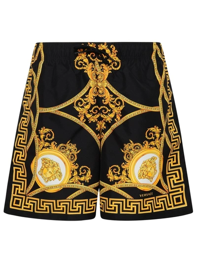 Shop Versace Baroque Printed Drawstring Swim Shorts In Black