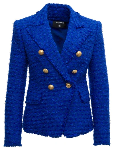 Shop Balmain Double-breasted Blue Wool Tweed Blazer
