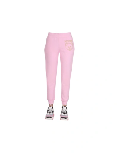 Shop Moschino Pink Cotton Jogging Pants With Crystal Teddy Bear