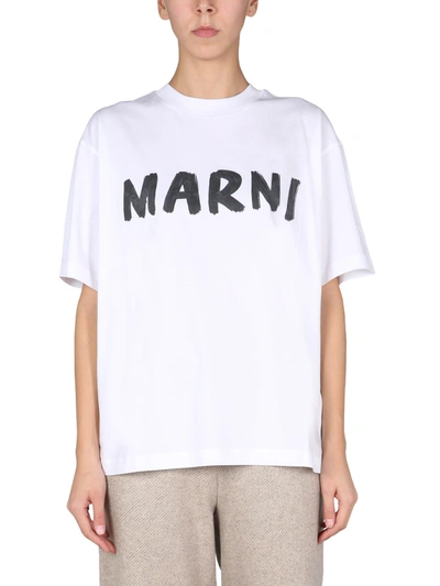 Shop Marni T-shirt With Logo Print In Bianco