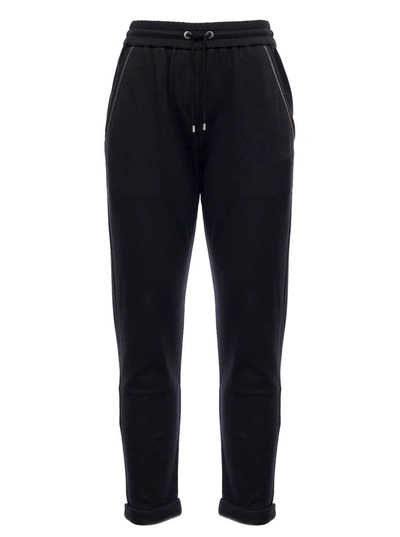 Shop Brunello Cucinelli Black Cotton And Silk Joggers With Monile Insert