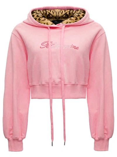 Shop Blumarine Pink Cropped Jersey Hoodie With Logo