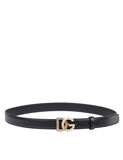Shop Dolce & Gabbana Leather Belt With Rhinestones And Pearls Logo In Black