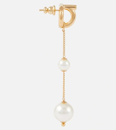 Ferragamo Double Pearl Gancini Pendant Earrings In Oro Ch/perle Bianche