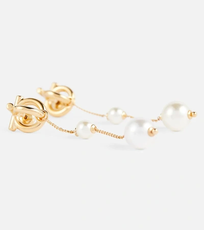 Ferragamo Double Pearl Gancini Pendant Earrings In Oro Ch/perle Bianche