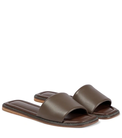 Shop Brunello Cucinelli Embellished Leather Slides In Brown