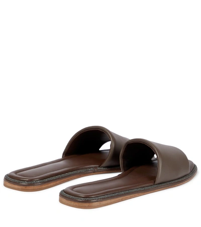 Brunello Cucinelli Embellished Leather Slides In Brown