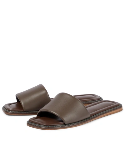 Shop Brunello Cucinelli Embellished Leather Slides In Brown