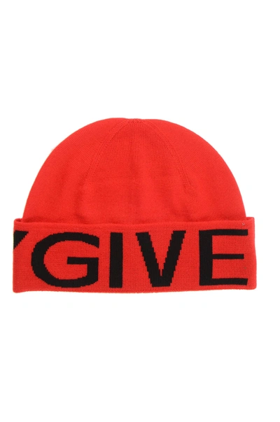 Shop Givenchy Ribbed Logo Beanie In Red