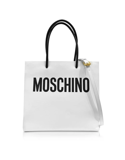 Shop Moschino White And Black Signature Leather Vertical Tote