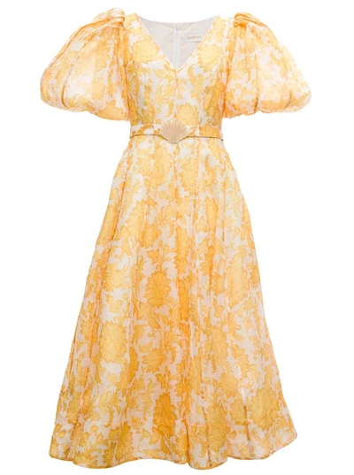 Shop Zimmermann Postcard Silk And Linen Dress With Balloon Sleeves In Yellow