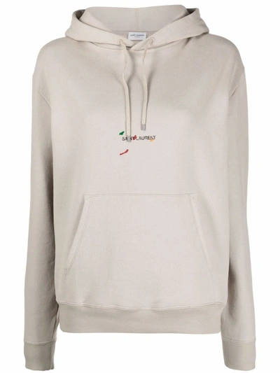 Shop Saint Laurent Logo-print Long-sleeved Hoodie In Neutrals