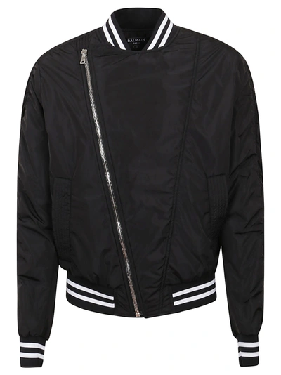 Shop Balmain Stripe Trim Zipped Bomber Jacket In Black