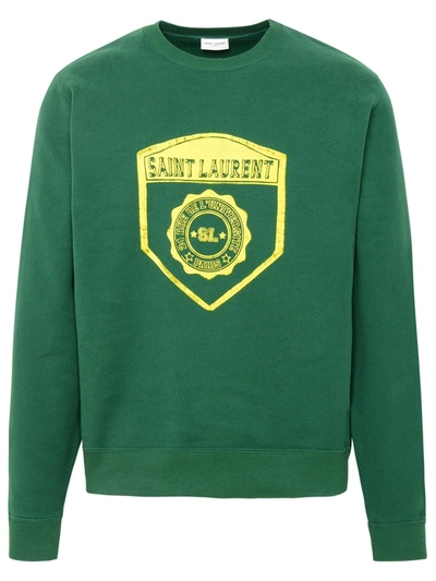 Shop Saint Laurent Logo Printed Crewneck Sweatshirt In Green