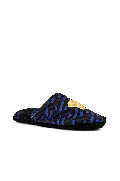 Shop Versace Monogram All Over Slippers In Blue