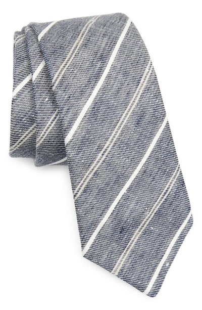 Shop Brunello Cucinelli Stripe Linen Skinny Tie In Jeans/ Grigio Chiaro
