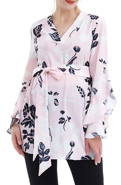 Shop Kimi And Kai Kay Long Sleeve Belted Maternity Blouse In Pink
