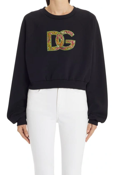 Shop Dolce & Gabbana Brocade Logo Cotton Blend Sweatshirt In N0000 Nero
