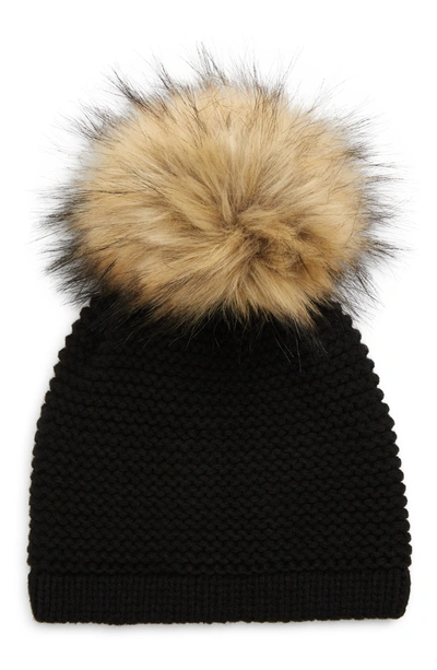 Shop Kyi Kyi Wool Blend Beanie With Faux Fur Pom In Black/ Natural