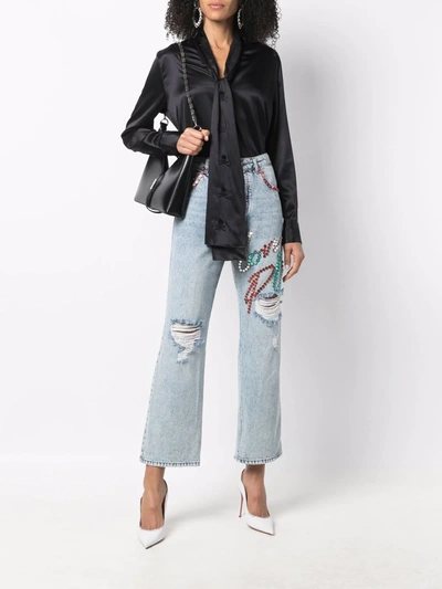 Philipp Plein V-neck Pussybow Silk Blouse In Schwarz