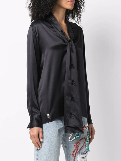 Shop Philipp Plein V-neck Pussybow Silk Blouse In Schwarz