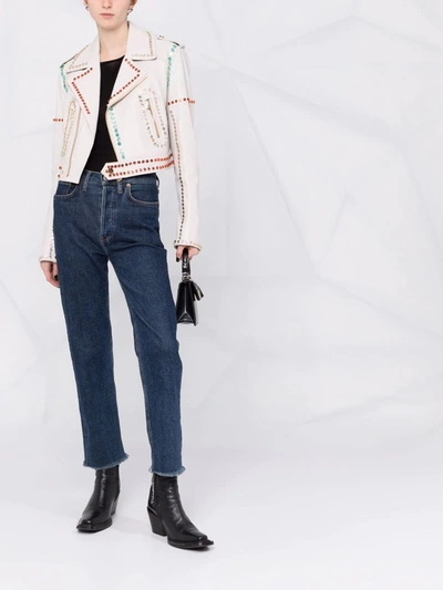 Philipp Plein Crystal-trim Studded Cropped Biker Jacket In Weiss
