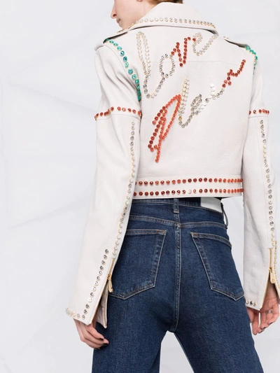 Philipp Plein Crystal-trim Studded Cropped Biker Jacket In Weiss