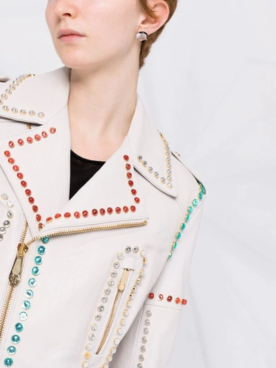 Philipp Plein Crystal-trim Studded Cropped Biker Jacket In Weiss