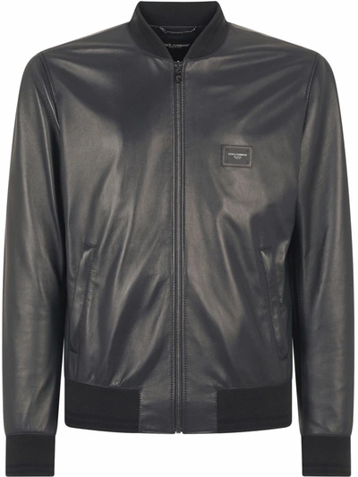 Shop Dolce & Gabbana Logo-plaque Leather Bomber Jacket In Blau