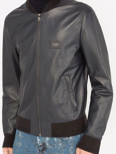 Shop Dolce & Gabbana Logo-plaque Leather Bomber Jacket In Blau