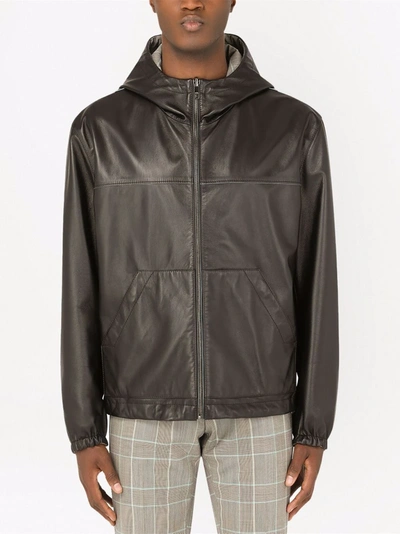 Shop Dolce & Gabbana Reversible Leather Hooded Bomber Jacket In Schwarz