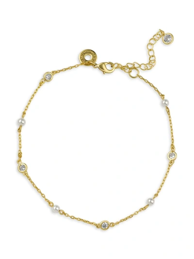 Shop Cz By Kenneth Jay Lane Women's Look Of Real 14k Goldplated Brass, Cubic Zirconia & 3mm Pearl Station Anklet