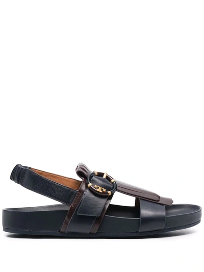 Tory Burch Kiltie Leather Buckle Fringed Sandals In Blue | ModeSens