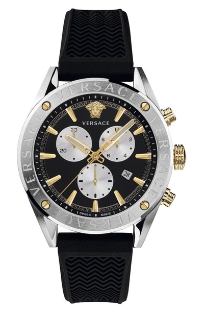 Shop Versace Chrono Silicone Strap Watch, 44mm In Black/ Silver/ Gold