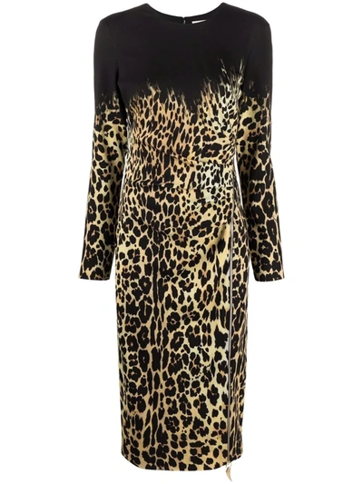 Shop Roberto Cavalli Leopard-print Long-sleeve Dress In Yellow