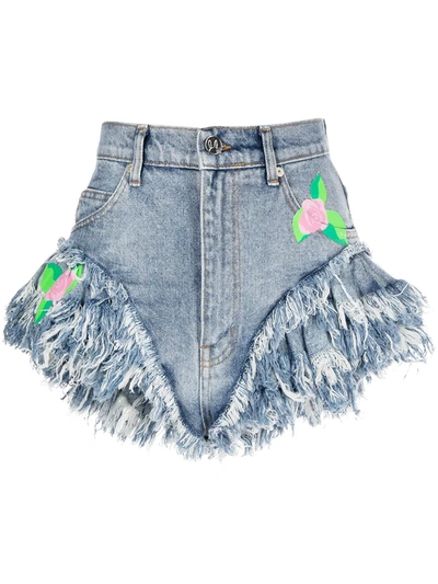 Natasha Zinko Rose-print Frilled Denim Shorts In Blue