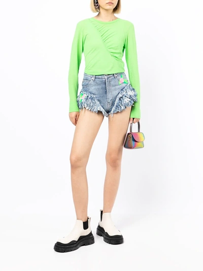 Natasha Zinko Rose-print Frilled Denim Shorts In Blue