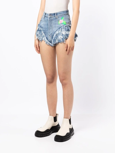 Natasha Zinko Rose-print Frilled Denim Shorts In Blue