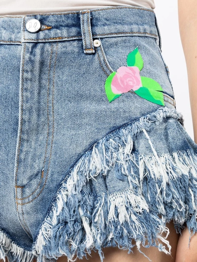 Natasha Zinko Rose-print Frilled Denim Shorts In Blue