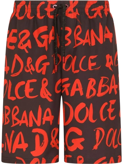 Shop Dolce & Gabbana Logo-print Long Swim Shorts In Black