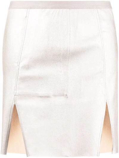 Shop Rick Owens Metallic-finish Front-slit Mini Skirt In Grey