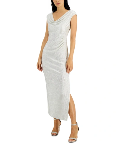 Shop Connected Petite Cowlneck Metallic Gown In Pearl