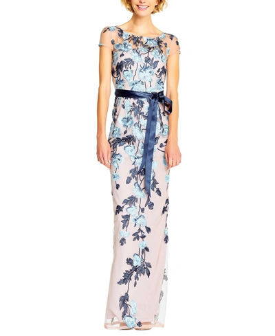 Shop Adrianna Papell Floral-embroidered Column Gown In Midnight Nude