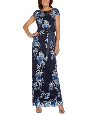 Shop Adrianna Papell Floral-embroidered Lace Gown In Navy Multi