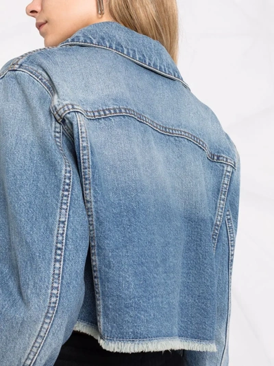 Shop Palm Angels Hooded Cropped Denim Jacket In Blau