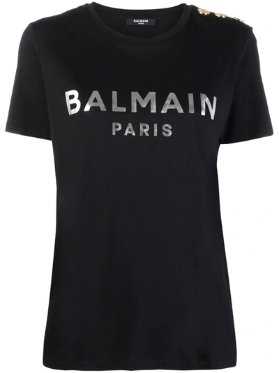 Shop Balmain Metallic-logo Button-embellished T-shirt In Schwarz