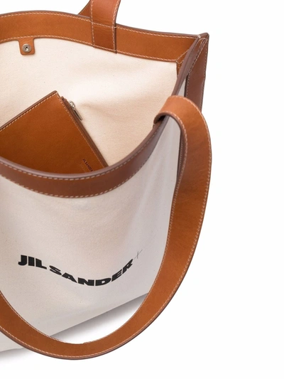 Jil Sander Tote Bag In Tela Bianca E Pelle In Nude